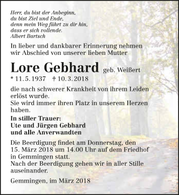 Traueranzeige von Lore Gebhard 