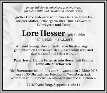 Traueranzeige von Lore Hesser 