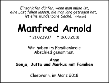 Traueranzeige von Manfred Arnold 