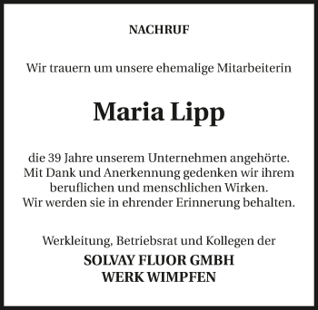 Traueranzeige von Maria Lipp 