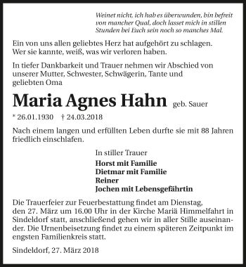 Traueranzeige von Maria Agnes Hahn 