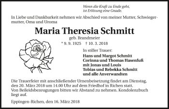 Traueranzeige von Maria Theresia Schmitt 