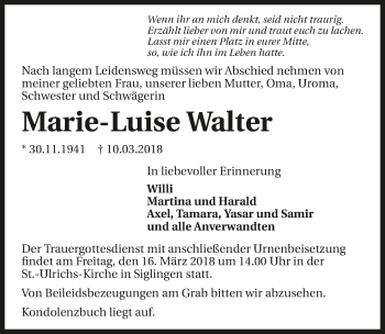 Traueranzeige von Marie-Luise Walter 