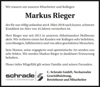 Traueranzeige von Markus Rieger 