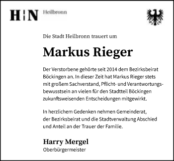 Traueranzeige von Markus Rieger 