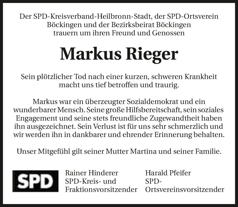  Traueranzeige für Markus Rieger vom 13.03.2018 aus 