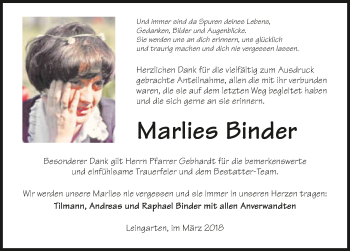 Traueranzeige von Marlies Binder 