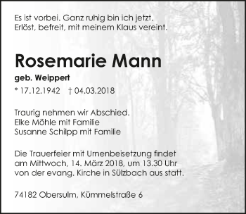 Traueranzeige von Rosemarie Mann 