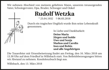 Traueranzeige von Rudolf Wetzka 