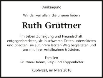 Traueranzeige von Ruth Grüttner 