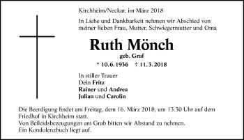 Traueranzeige von Ruth Mönch 