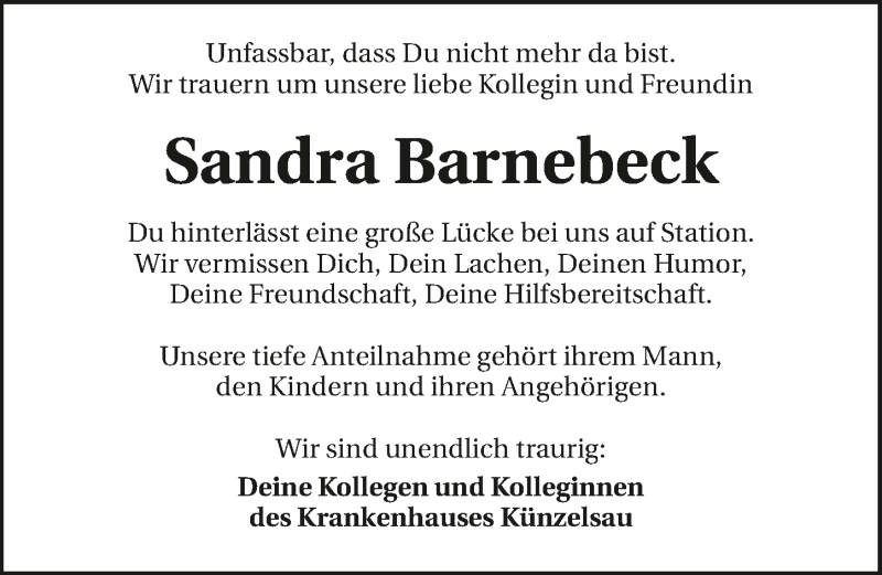  Traueranzeige für Sandra Barnebeck vom 22.03.2018 aus 