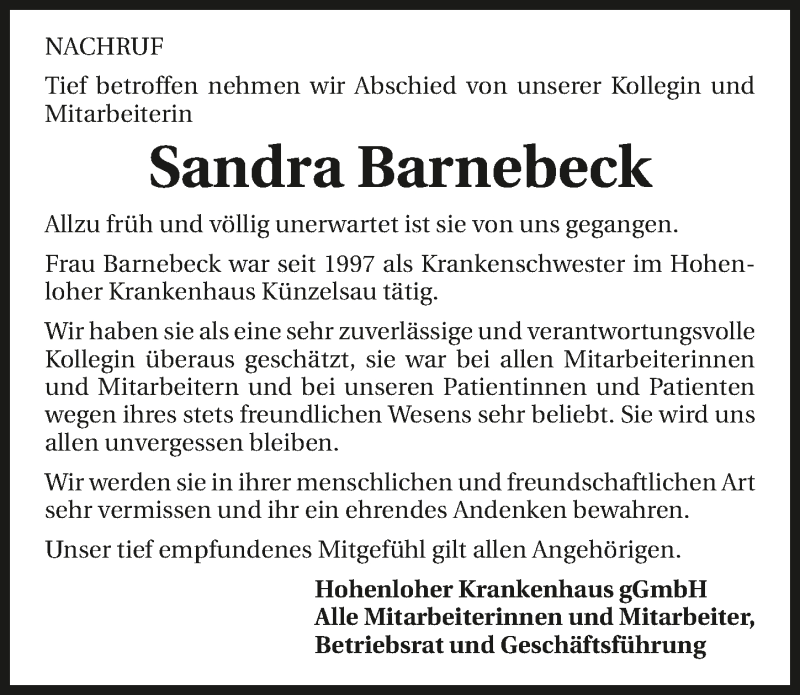  Traueranzeige für Sandra Barnebeck vom 24.03.2018 aus 