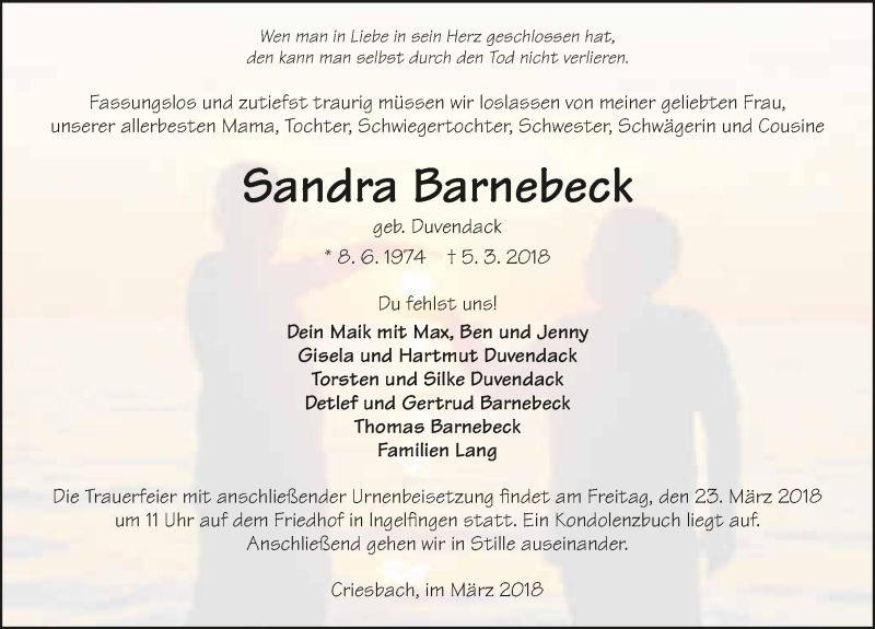  Traueranzeige für Sandra Barnebeck vom 17.03.2018 aus 