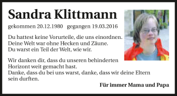 Traueranzeige von Sandra Klittmann 