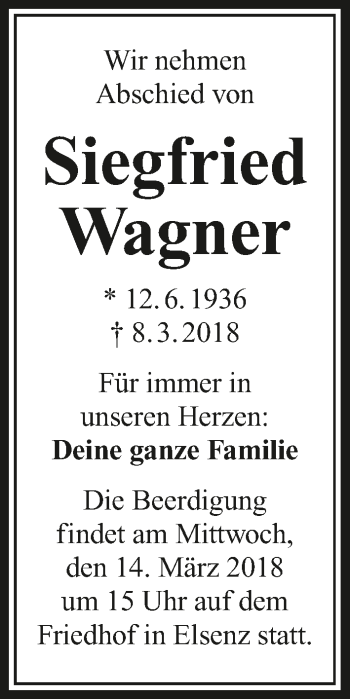 Traueranzeige von Siegfried Wagner 