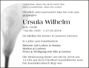 Traueranzeige von Ursula Wilhelm 