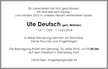 Traueranzeige von Ute Deutsch 