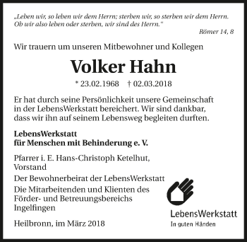 Traueranzeige von Volker Hahn 