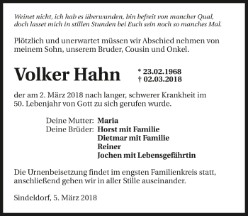 Traueranzeige von Volker Hahn 