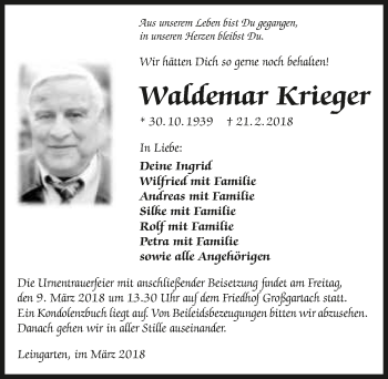 Traueranzeige von Waldemar Krieger 