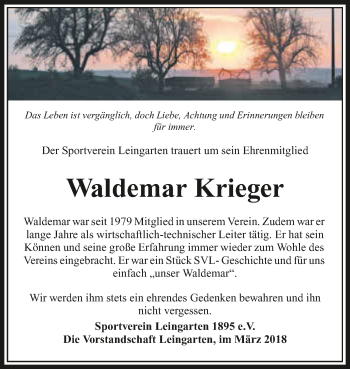 Traueranzeige von Waldemar Krieger 