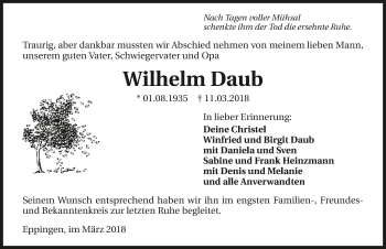 Traueranzeige von Wilhelm Daub 