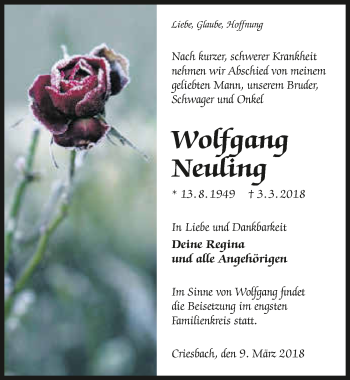 Traueranzeige von Wolfgang Neuling 
