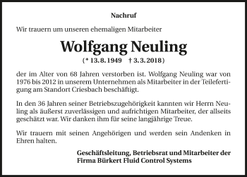 Traueranzeige von Wolfgang Neuling 