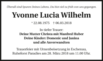 Traueranzeige von Yvonne Lucia Wilhelm 