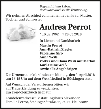 Traueranzeige von Andrea Perrot 