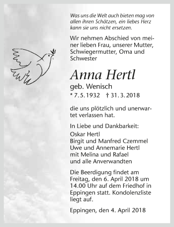 Traueranzeige von Anna Hertl 