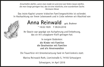 Traueranzeige von Anna Reinwald 