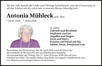 Traueranzeige von Antonia Mühleck 