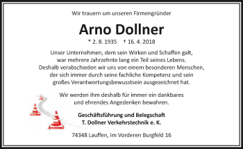 Traueranzeige von Arno Dollner 