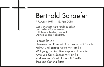 Traueranzeige von Berthold Schaefer 