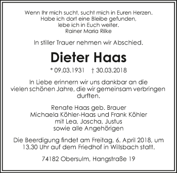 Traueranzeige von Dieter Haas 