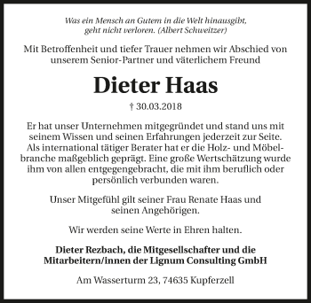 Traueranzeige von Dieter Haas 