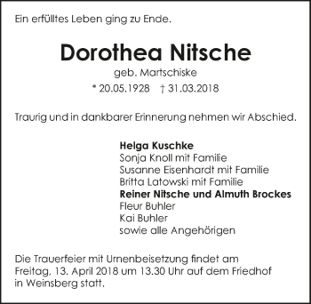 Traueranzeige von Dorothea Nitsche 