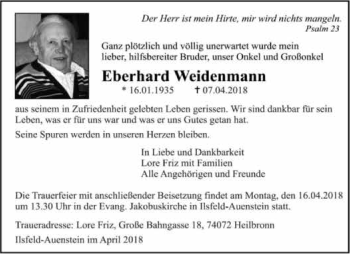 Traueranzeige von Eberhard Weidenmann 