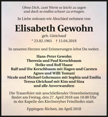 Traueranzeige von Elisabeth Gewohn 