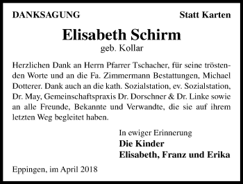 Traueranzeige von Elisabeth Schirm 