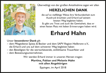 Traueranzeige von Erhard Hahn 