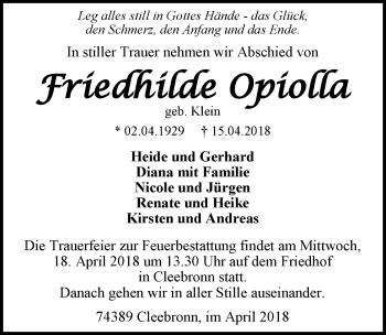 Traueranzeige von Friedhilde Opiolla 