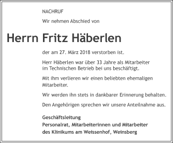 Traueranzeige von Fritz Häberlen 