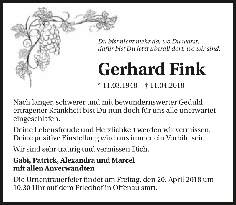  Traueranzeige für Gerhard Fink vom 17.04.2018 aus 