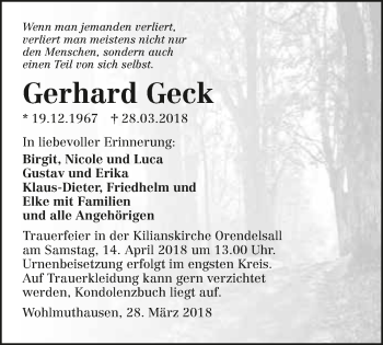 Traueranzeige von Gerhard Geck 