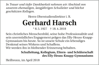 Traueranzeige von Gerhard Harsch 