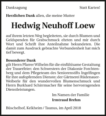 Traueranzeige von Hedwig Neuhoff-Loew 