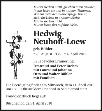 Traueranzeige von Hedwig Neuhoff-Loew 